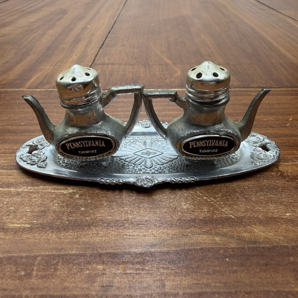 Vintage Pennsylvania Turnpike Metal Teapot Salt and Pepper Shakers Set with Tray